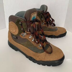 Vintage Trekking Tecnica Hiking Boots Gore Tek Tan Brown Olive Green Men Size 11